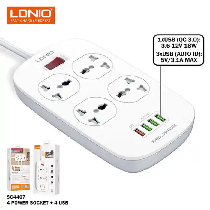 LDNIO SC4407 Power Socket 4 USB Charger with 3 Pin 4 Port Power Extension Cord